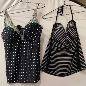 Two halter swim tops. Black and white